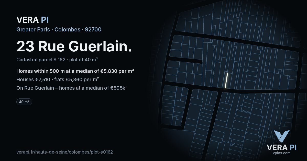 23 Rue Guerlain, Colombes at night – the plot lit, the parcels around coloured by the prices near them