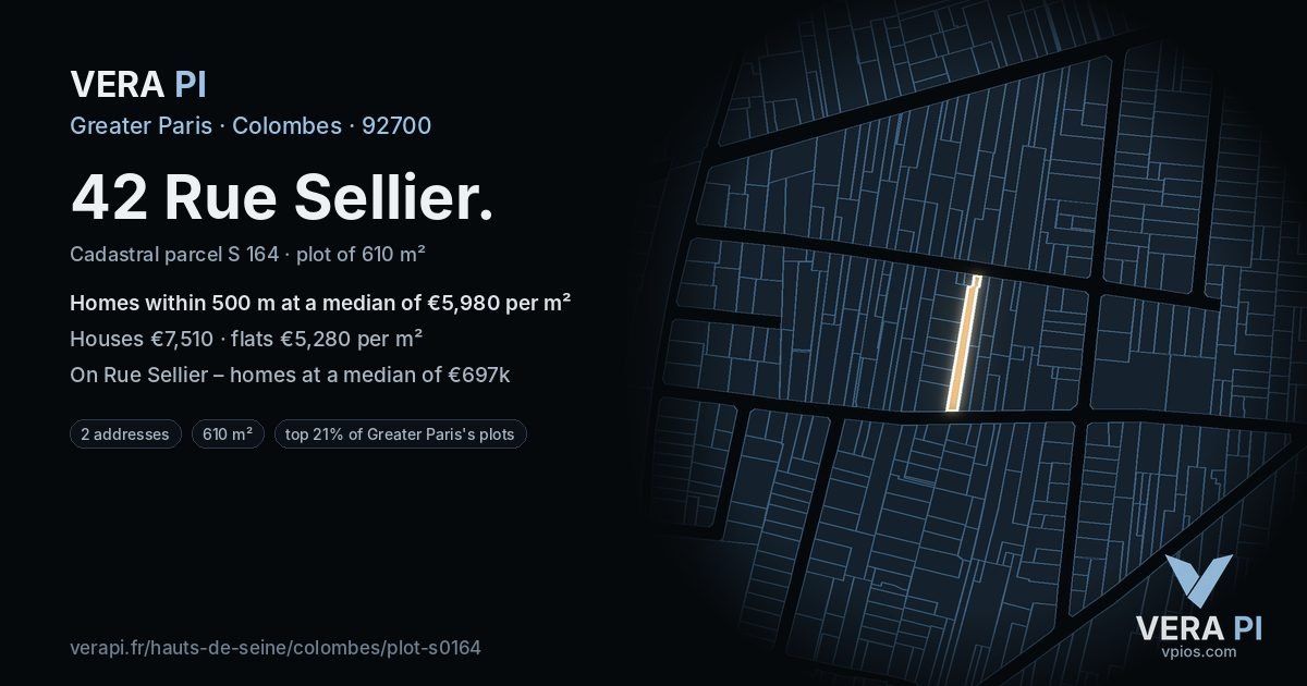 42 Rue Sellier, Colombes at night – the plot lit, the parcels around coloured by the prices near them