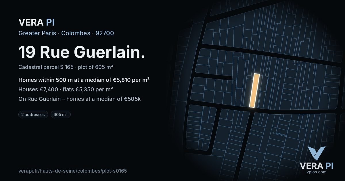 19 Rue Guerlain, Colombes at night – the plot lit, the parcels around coloured by the prices near them