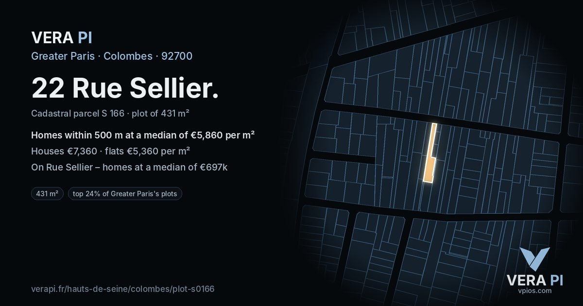 22 Rue Sellier, Colombes at night – the plot lit, the parcels around coloured by the prices near them