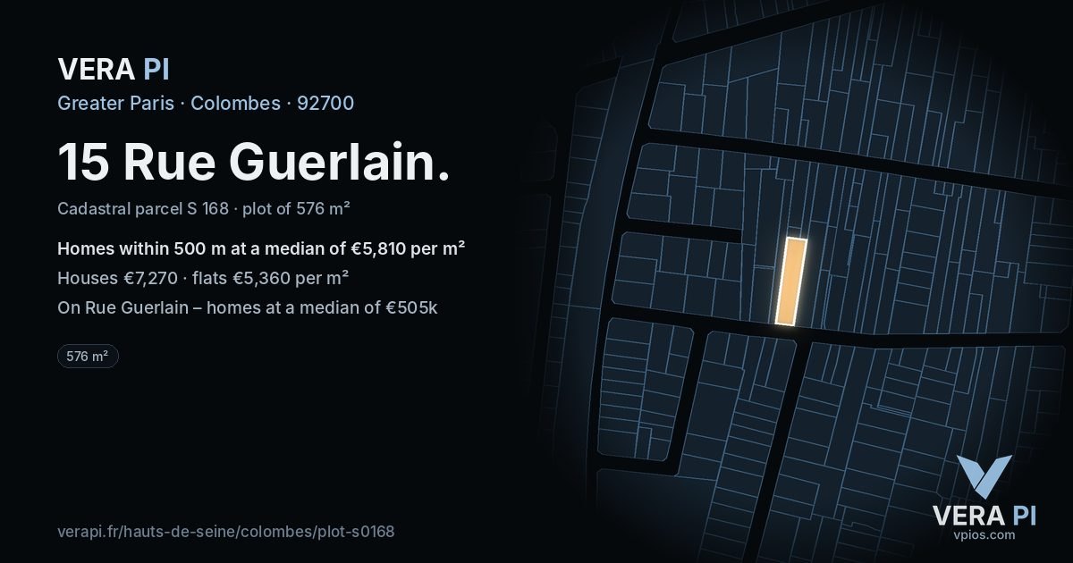 15 Rue Guerlain, Colombes at night – the plot lit, the parcels around coloured by the prices near them
