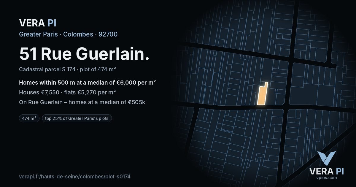 51 Rue Guerlain, Colombes at night – the plot lit, the parcels around coloured by the prices near them