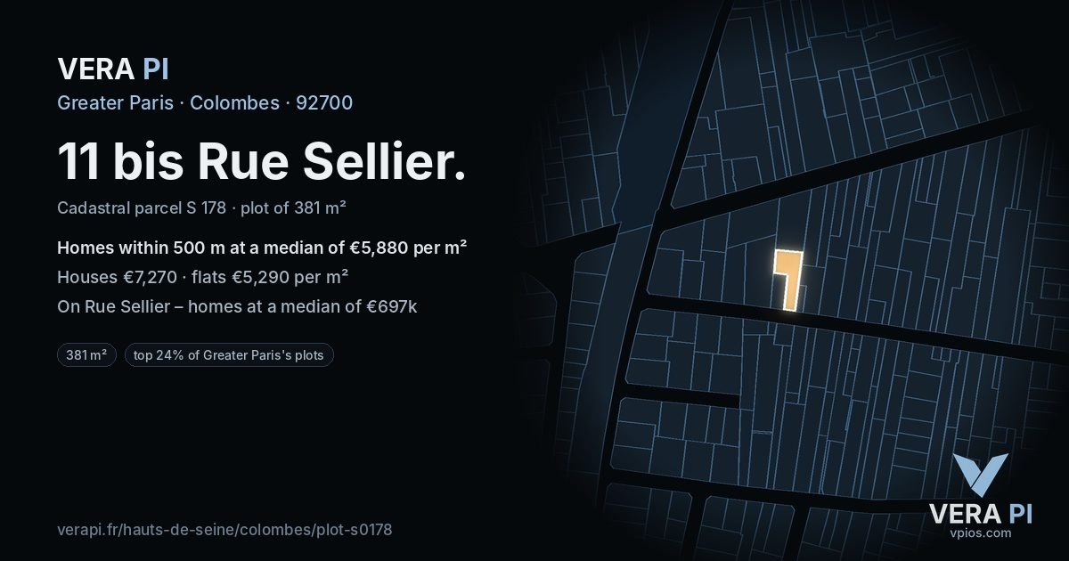 11 bis Rue Sellier, Colombes at night – the plot lit, the parcels around coloured by the prices near them