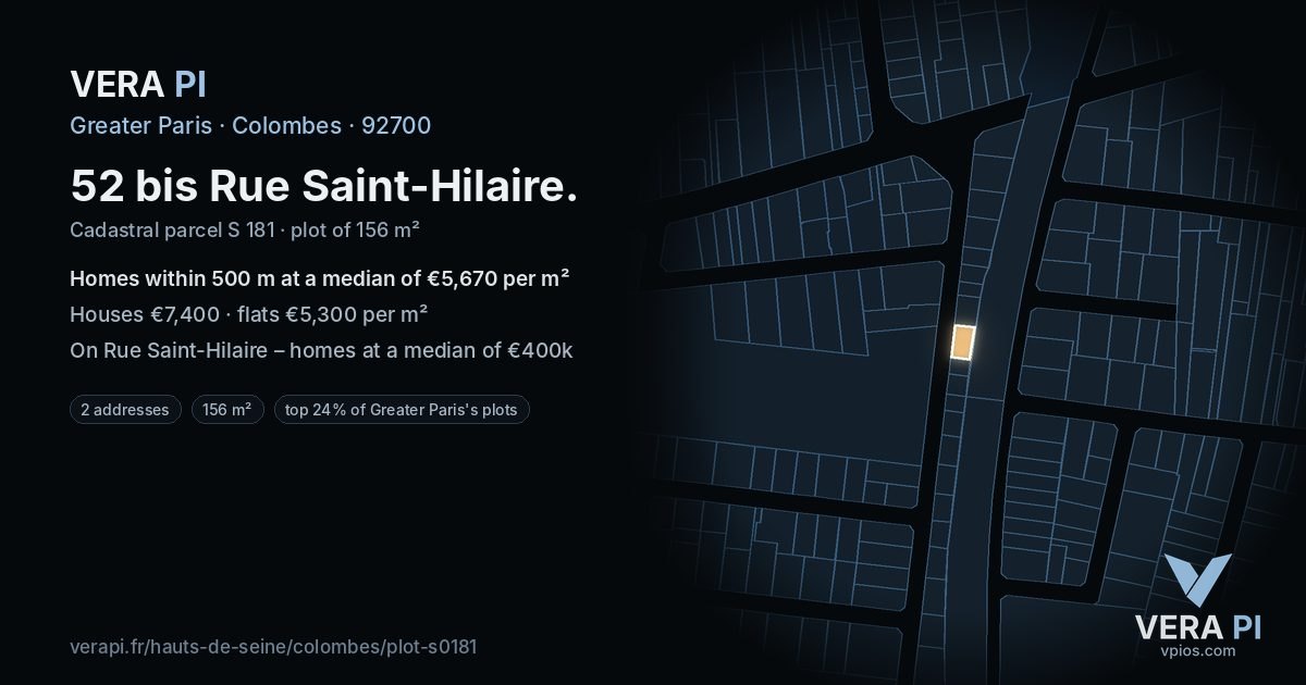 52 bis Rue Saint-Hilaire, Colombes at night – the plot lit, the parcels around coloured by the prices near them