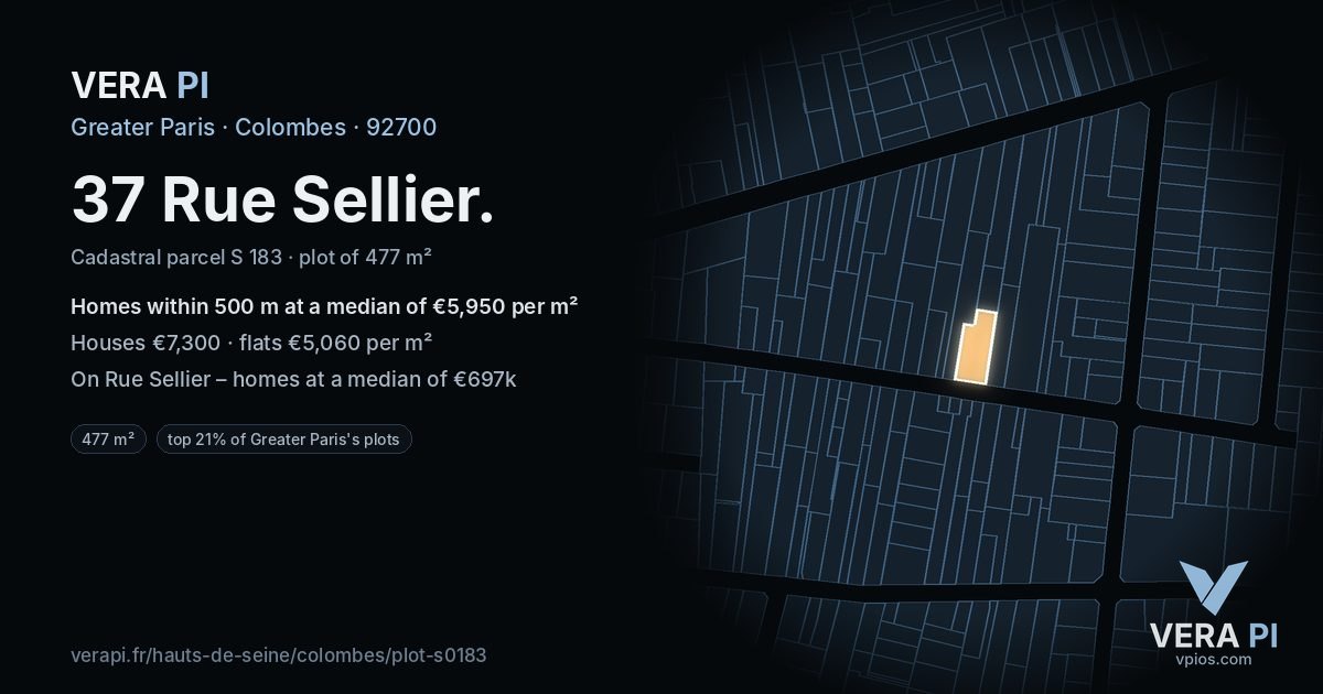 37 Rue Sellier, Colombes at night – the plot lit, the parcels around coloured by the prices near them