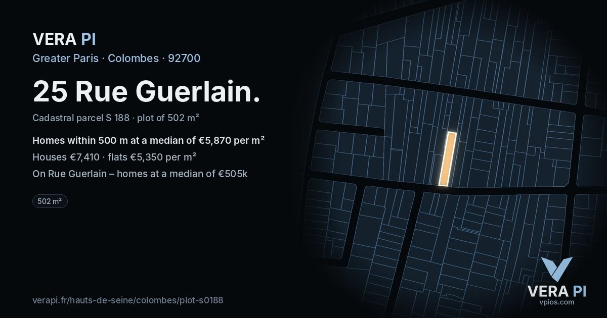 25 Rue Guerlain, Colombes at night – the plot lit, the parcels around coloured by the prices near them