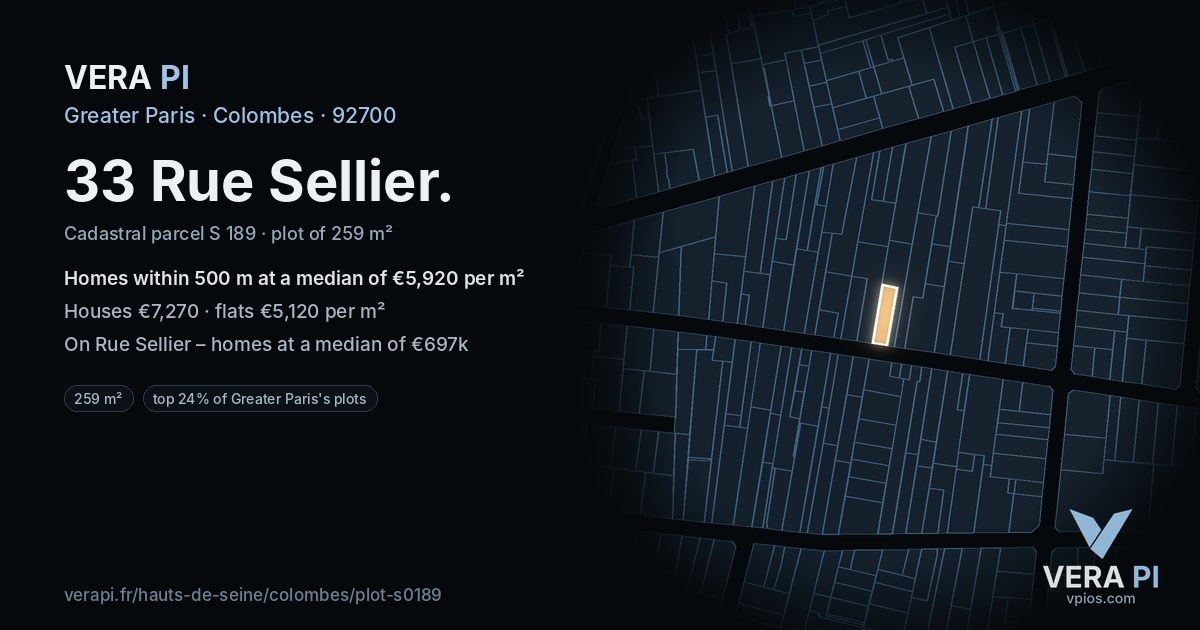 33 Rue Sellier, Colombes at night – the plot lit, the parcels around coloured by the prices near them