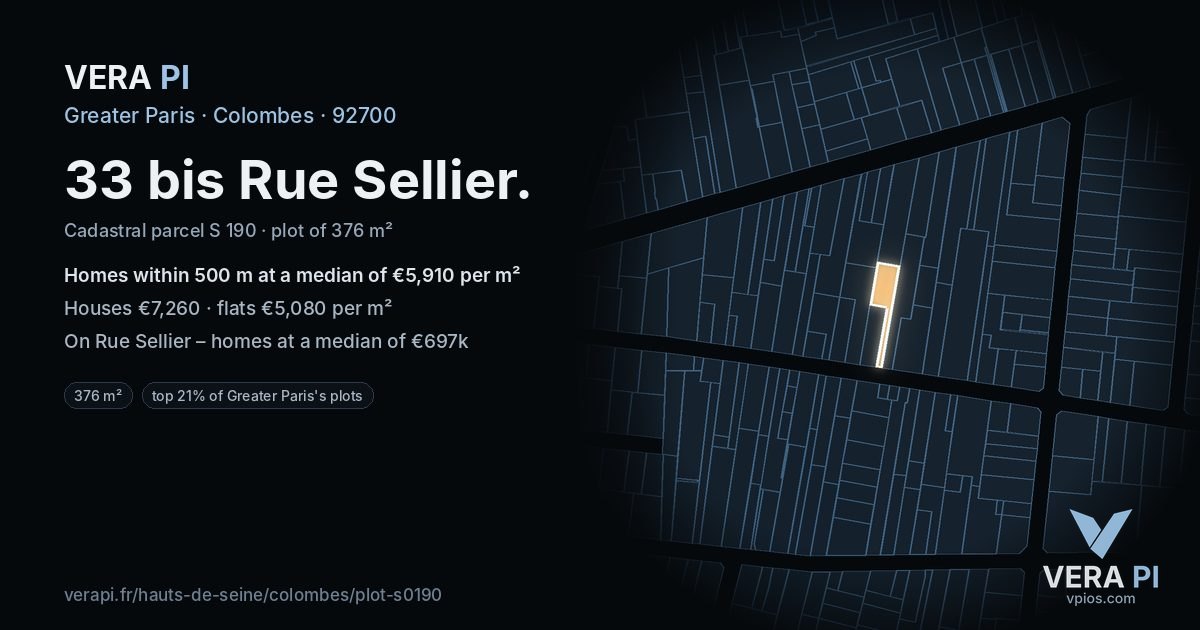33 bis Rue Sellier, Colombes at night – the plot lit, the parcels around coloured by the prices near them