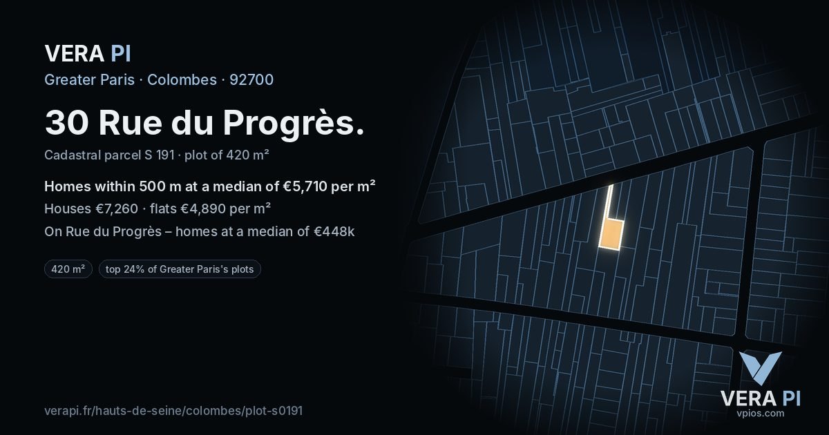 30 Rue du Progrès, Colombes at night – the plot lit, the parcels around coloured by the prices near them