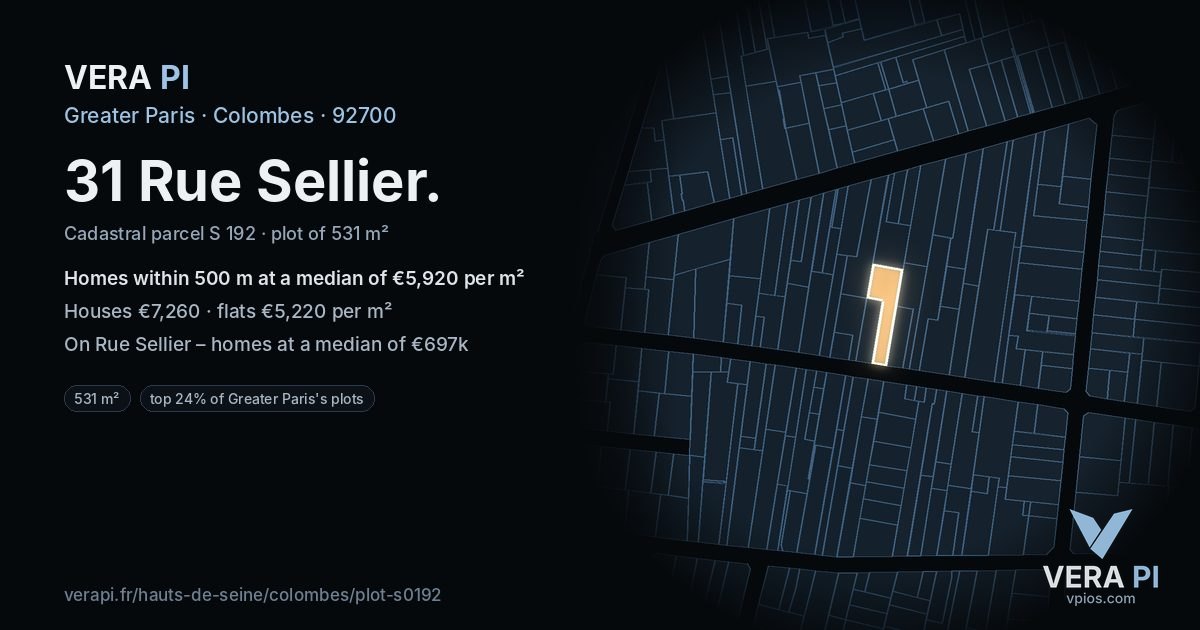 31 Rue Sellier, Colombes at night – the plot lit, the parcels around coloured by the prices near them