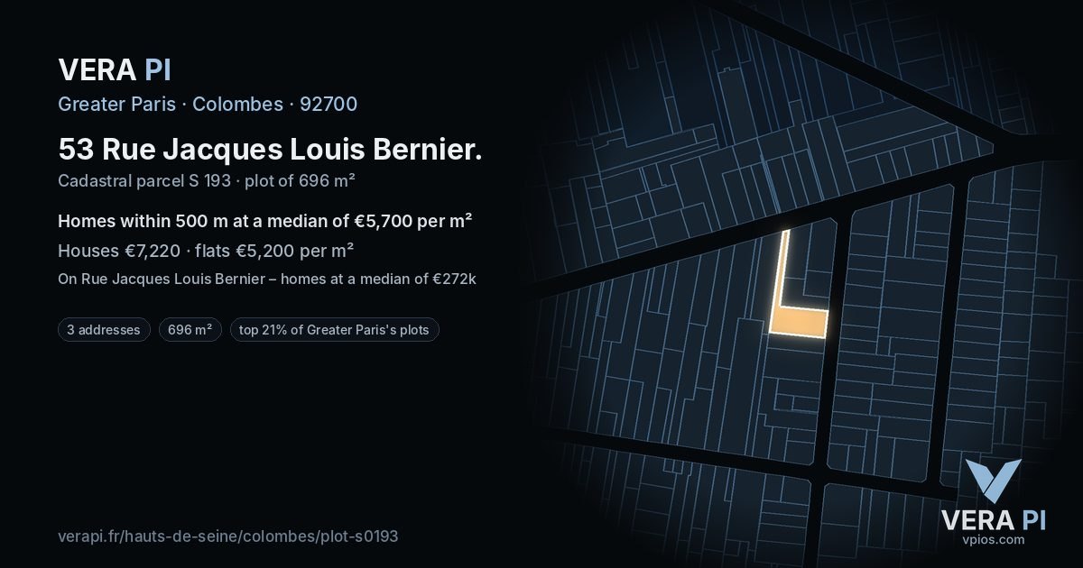 53 Rue Jacques Louis Bernier, Colombes at night – the plot lit, the parcels around coloured by the prices near them