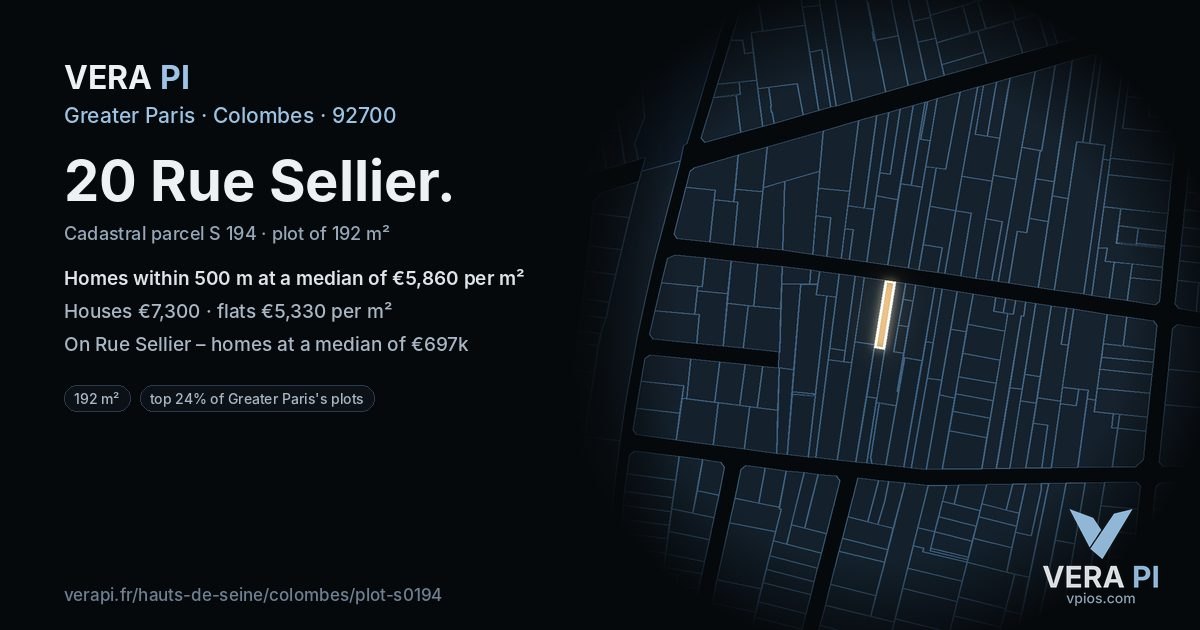 20 Rue Sellier, Colombes at night – the plot lit, the parcels around coloured by the prices near them