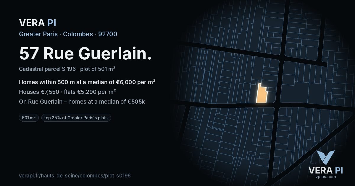 57 Rue Guerlain, Colombes at night – the plot lit, the parcels around coloured by the prices near them