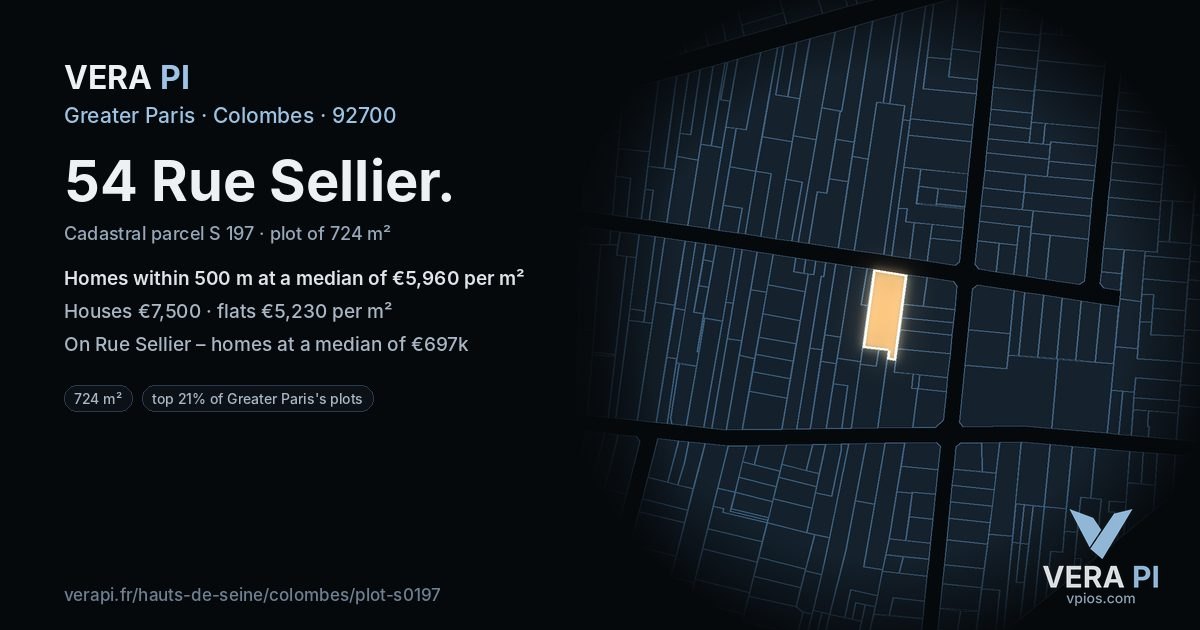 54 Rue Sellier, Colombes at night – the plot lit, the parcels around coloured by the prices near them