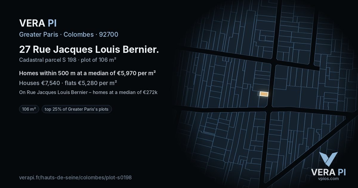 27 Rue Jacques Louis Bernier, Colombes at night – the plot lit, the parcels around coloured by the prices near them