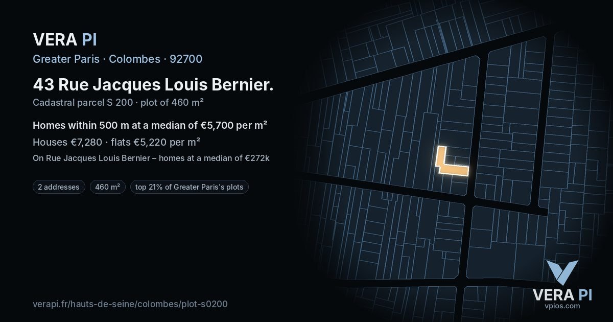 43 Rue Jacques Louis Bernier, Colombes at night – the plot lit, the parcels around coloured by the prices near them