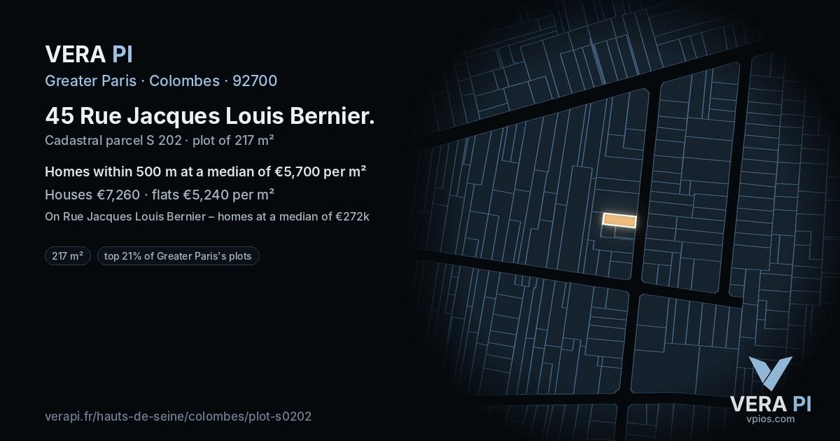 45 Rue Jacques Louis Bernier, Colombes at night – the plot lit, the parcels around coloured by the prices near them