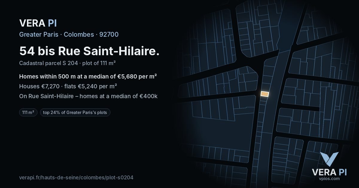 54 bis Rue Saint-Hilaire, Colombes at night – the plot lit, the parcels around coloured by the prices near them
