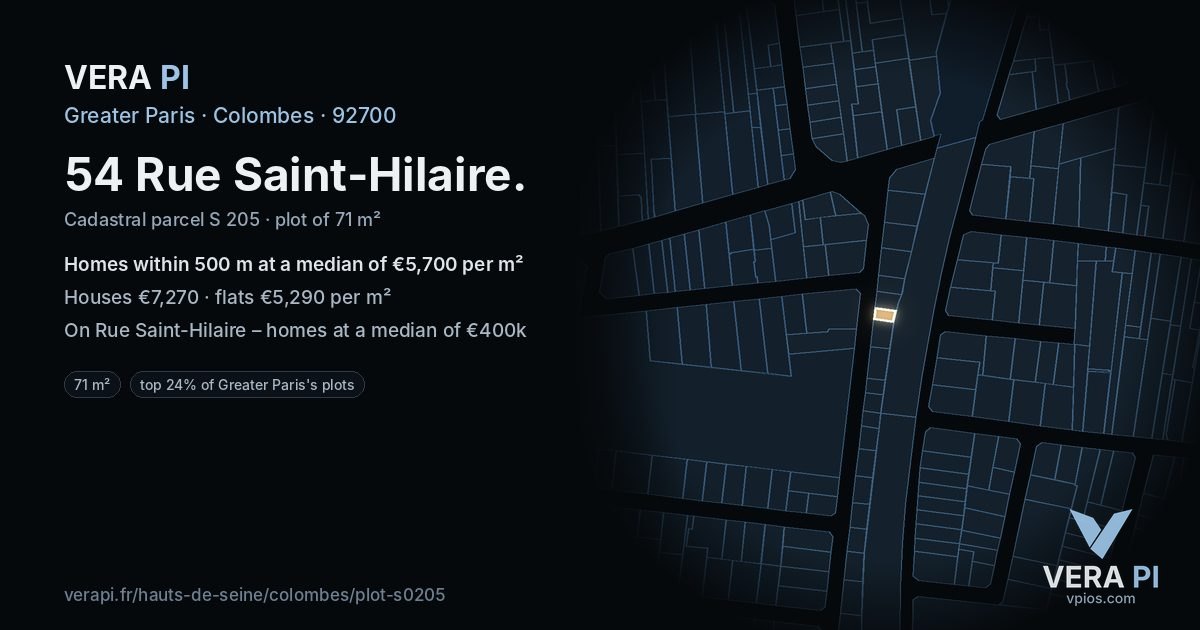 54 Rue Saint-Hilaire, Colombes at night – the plot lit, the parcels around coloured by the prices near them
