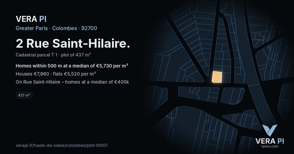 2 Rue Saint-Hilaire, Colombes at night – the plot lit, the parcels around coloured by the prices near them