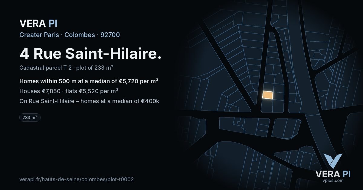 4 Rue Saint-Hilaire, Colombes at night – the plot lit, the parcels around coloured by the prices near them