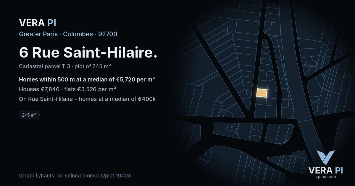 6 Rue Saint-Hilaire, Colombes at night – the plot lit, the parcels around coloured by the prices near them