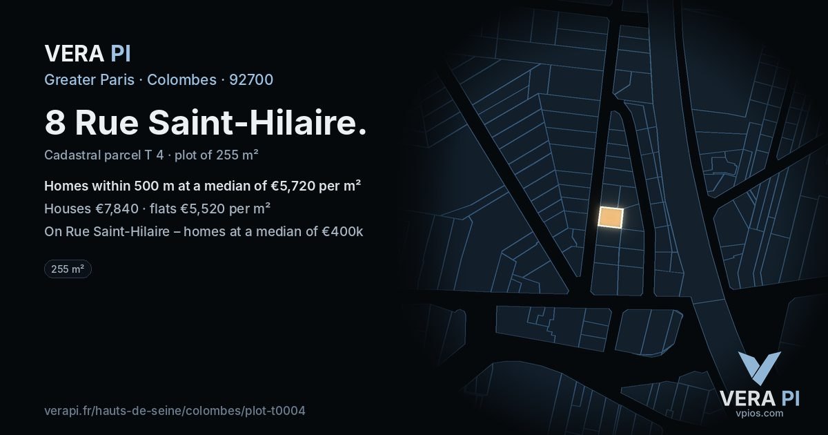 8 Rue Saint-Hilaire, Colombes at night – the plot lit, the parcels around coloured by the prices near them