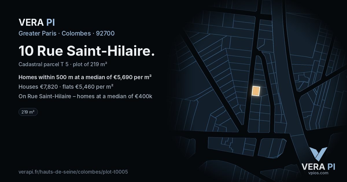 10 Rue Saint-Hilaire, Colombes at night – the plot lit, the parcels around coloured by the prices near them