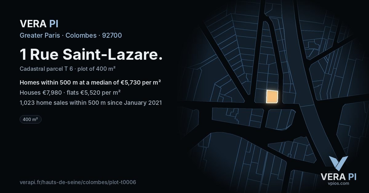 1 Rue Saint-Lazare, Colombes at night – the plot lit, the parcels around coloured by the prices near them