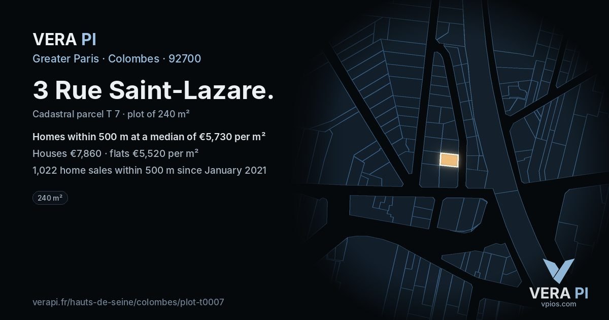 3 Rue Saint-Lazare, Colombes at night – the plot lit, the parcels around coloured by the prices near them