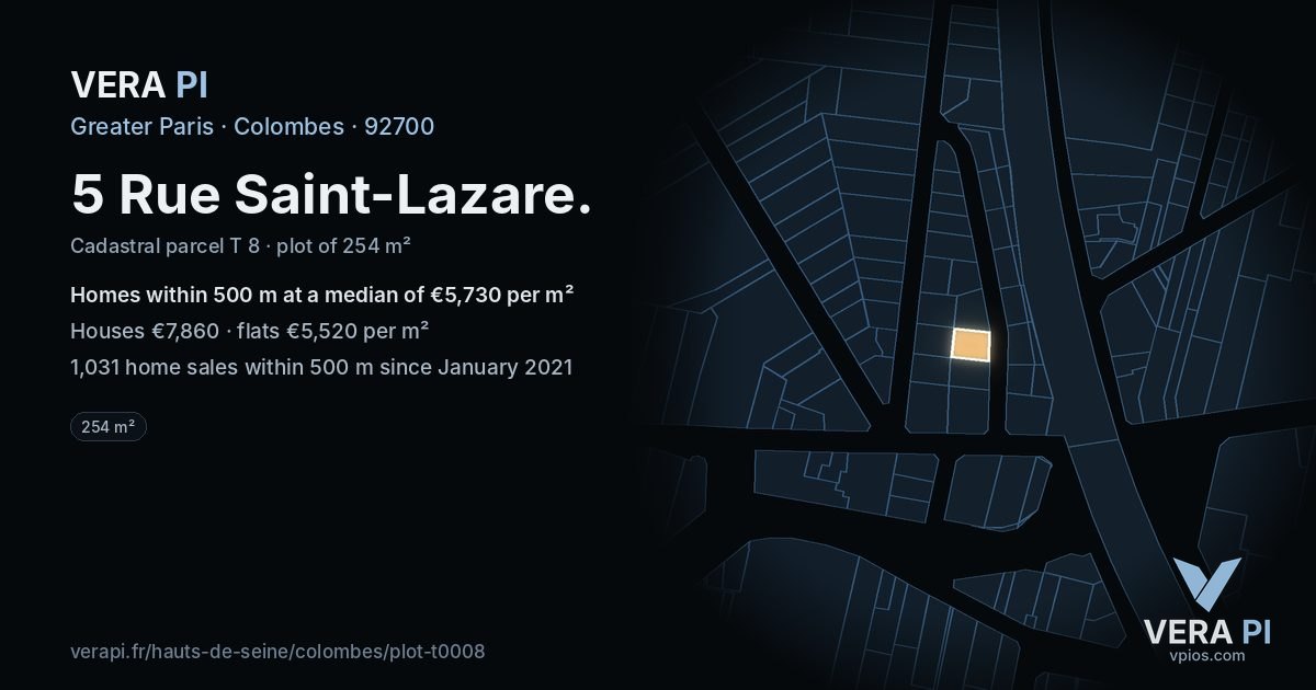 5 Rue Saint-Lazare, Colombes at night – the plot lit, the parcels around coloured by the prices near them