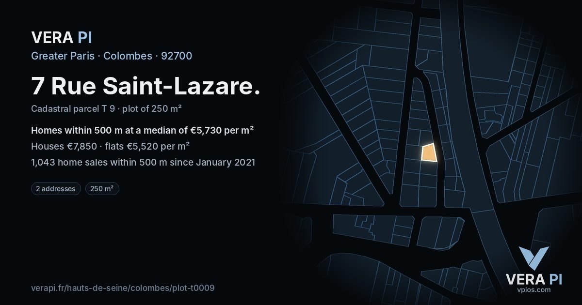 7 Rue Saint-Lazare, Colombes at night – the plot lit, the parcels around coloured by the prices near them