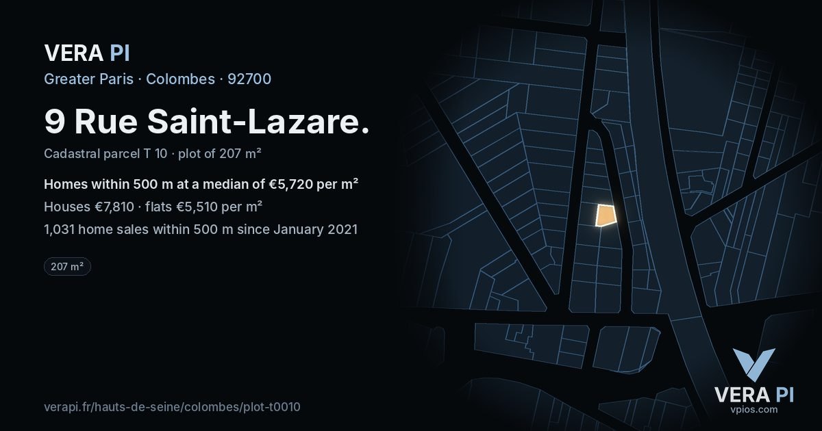 9 Rue Saint-Lazare, Colombes at night – the plot lit, the parcels around coloured by the prices near them