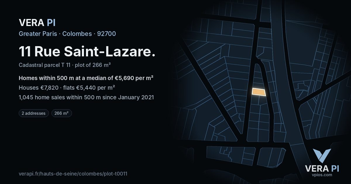 11 Rue Saint-Lazare, Colombes at night – the plot lit, the parcels around coloured by the prices near them