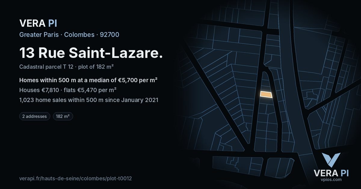 13 Rue Saint-Lazare, Colombes at night – the plot lit, the parcels around coloured by the prices near them