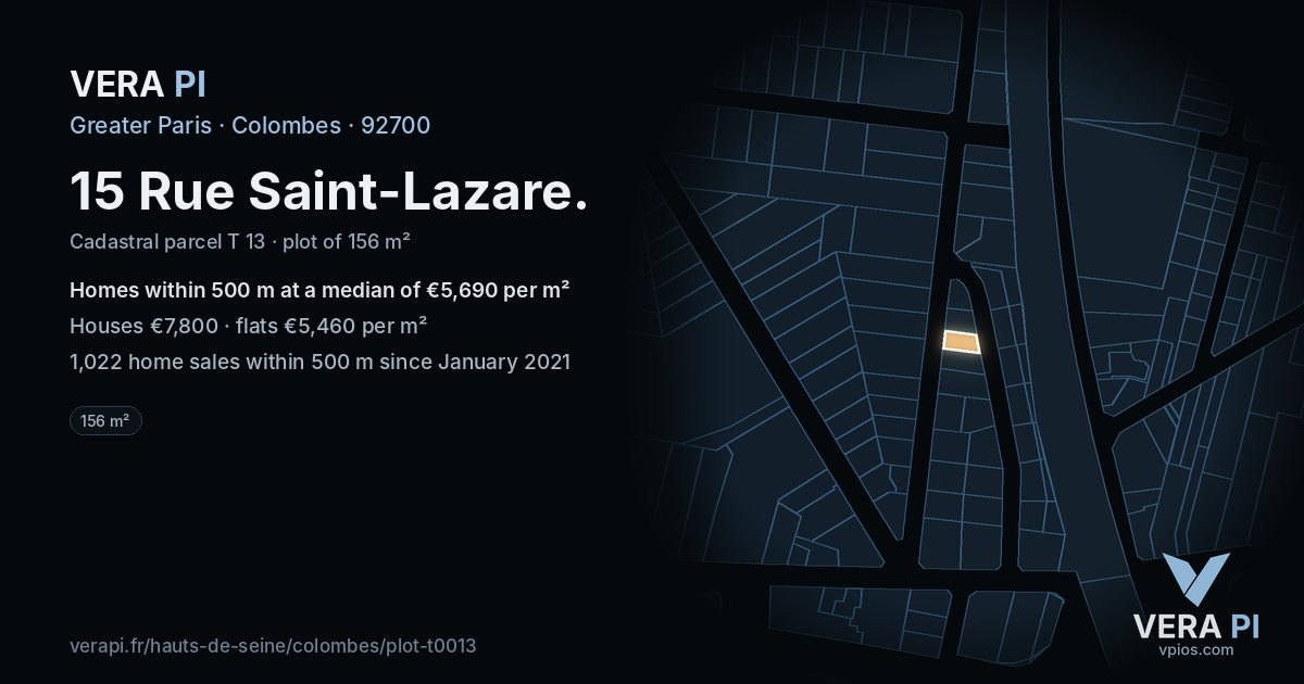 15 Rue Saint-Lazare, Colombes at night – the plot lit, the parcels around coloured by the prices near them