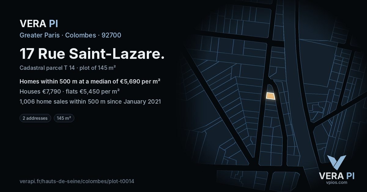 17 Rue Saint-Lazare, Colombes at night – the plot lit, the parcels around coloured by the prices near them