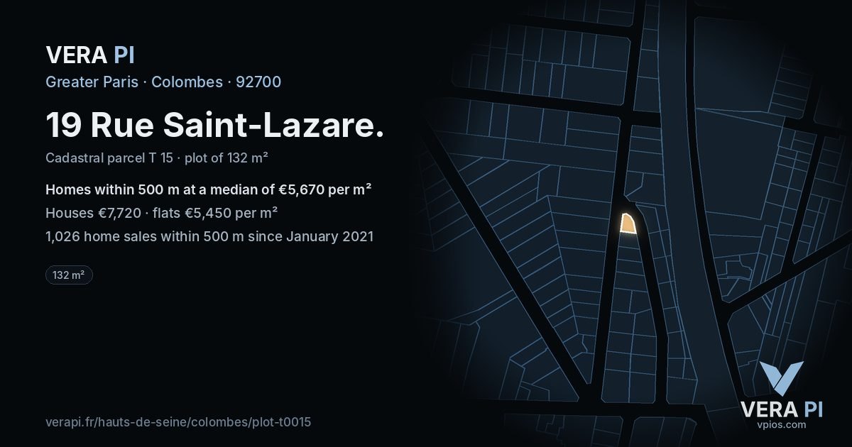 19 Rue Saint-Lazare, Colombes at night – the plot lit, the parcels around coloured by the prices near them
