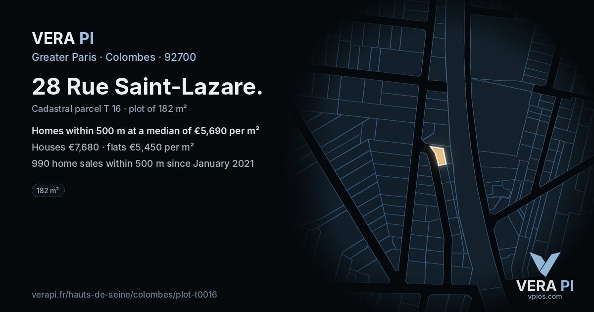 28 Rue Saint-Lazare, Colombes at night – the plot lit, the parcels around coloured by the prices near them