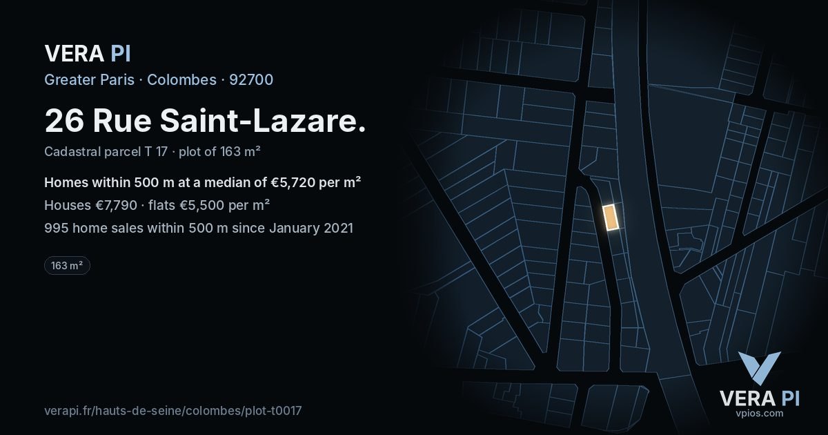 26 Rue Saint-Lazare, Colombes at night – the plot lit, the parcels around coloured by the prices near them