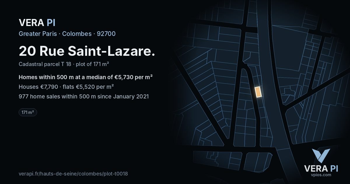 20 Rue Saint-Lazare, Colombes at night – the plot lit, the parcels around coloured by the prices near them