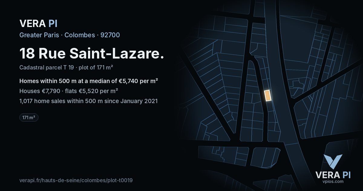 18 Rue Saint-Lazare, Colombes at night – the plot lit, the parcels around coloured by the prices near them