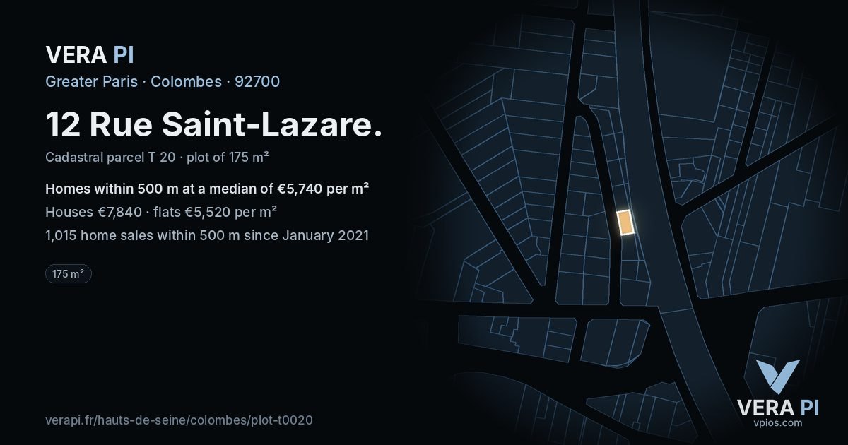 12 Rue Saint-Lazare, Colombes at night – the plot lit, the parcels around coloured by the prices near them