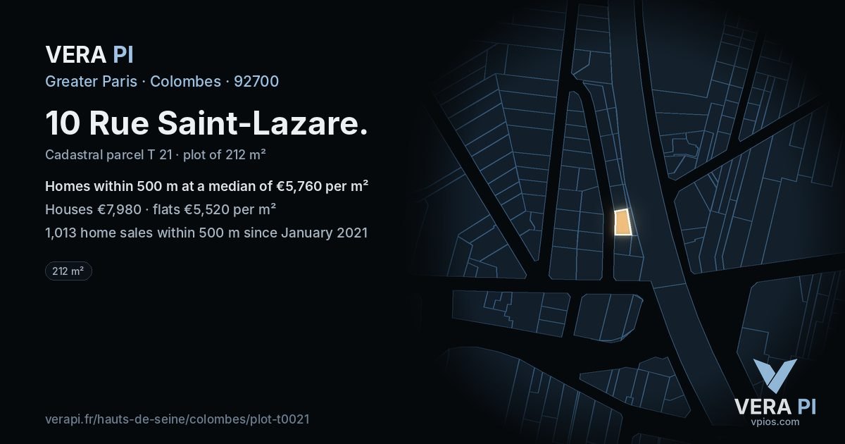 10 Rue Saint-Lazare, Colombes at night – the plot lit, the parcels around coloured by the prices near them