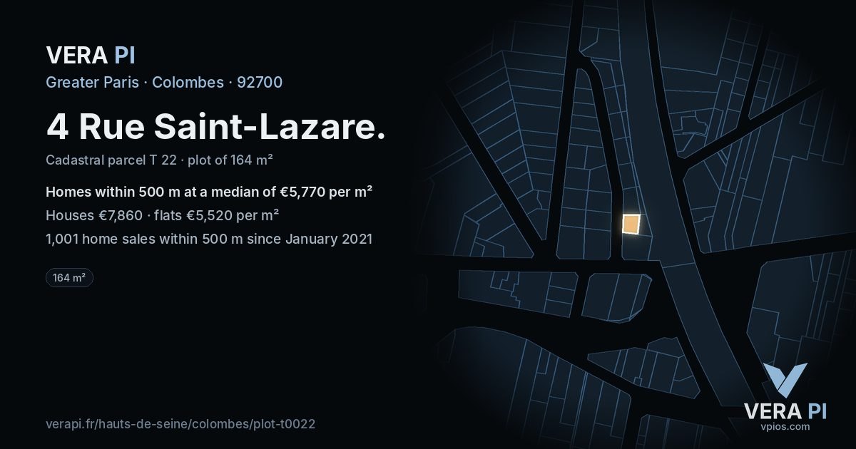 4 Rue Saint-Lazare, Colombes at night – the plot lit, the parcels around coloured by the prices near them