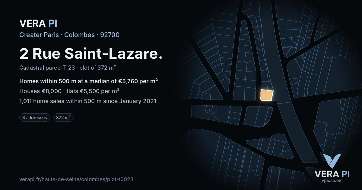2 Rue Saint-Lazare, Colombes at night – the plot lit, the parcels around coloured by the prices near them
