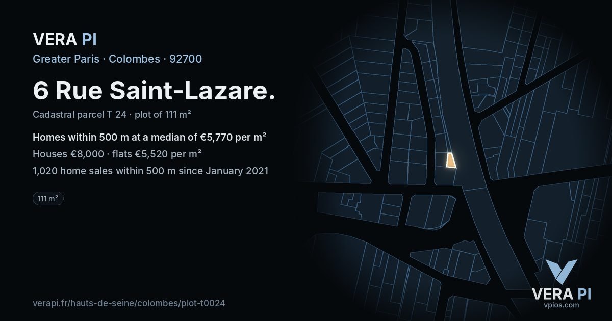6 Rue Saint-Lazare, Colombes at night – the plot lit, the parcels around coloured by the prices near them