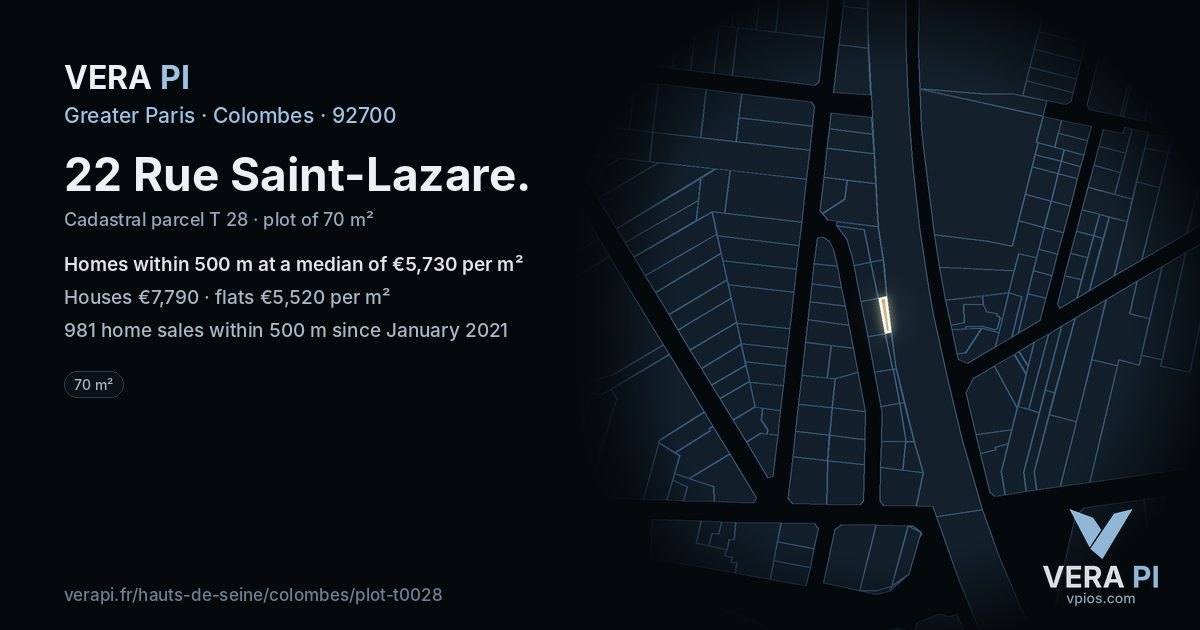 22 Rue Saint-Lazare, Colombes at night – the plot lit, the parcels around coloured by the prices near them