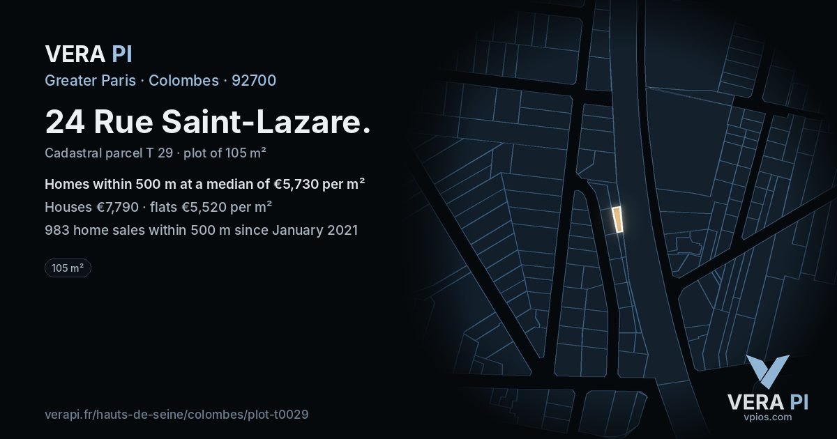 24 Rue Saint-Lazare, Colombes at night – the plot lit, the parcels around coloured by the prices near them