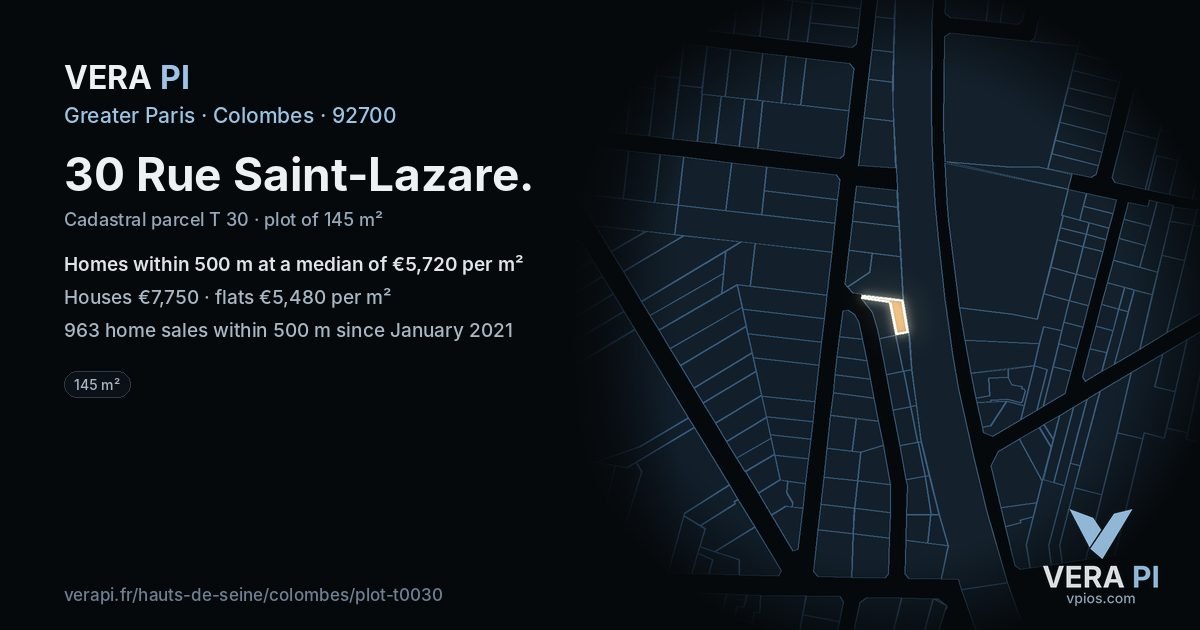 30 Rue Saint-Lazare, Colombes at night – the plot lit, the parcels around coloured by the prices near them